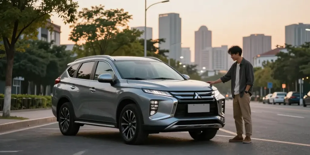 Noleggio lungo termine Mitsubishi: auto moderna in ambiente urbano al tramonto