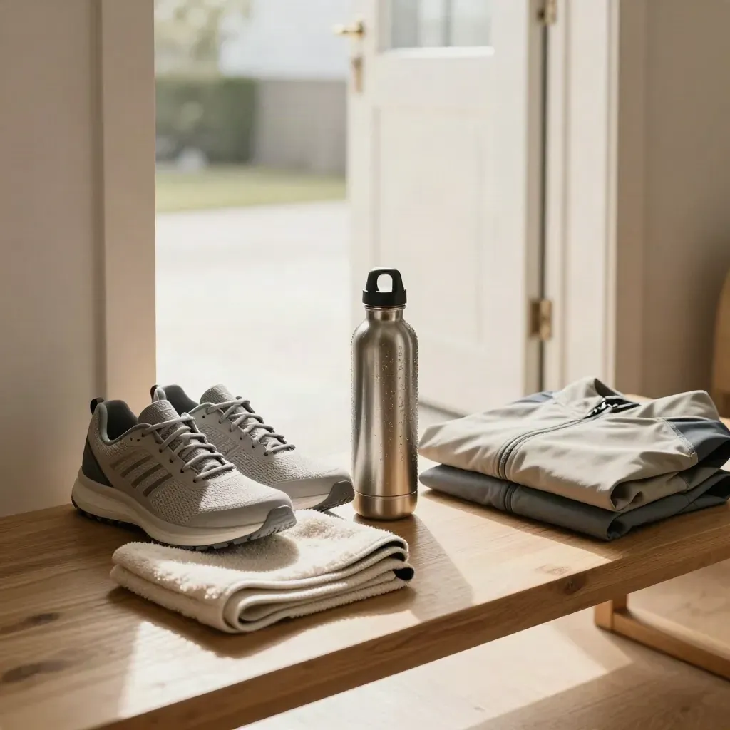 Kit da corsa all’ingresso: scarpe, asciugamano, borraccia e giacca su panca di legno.