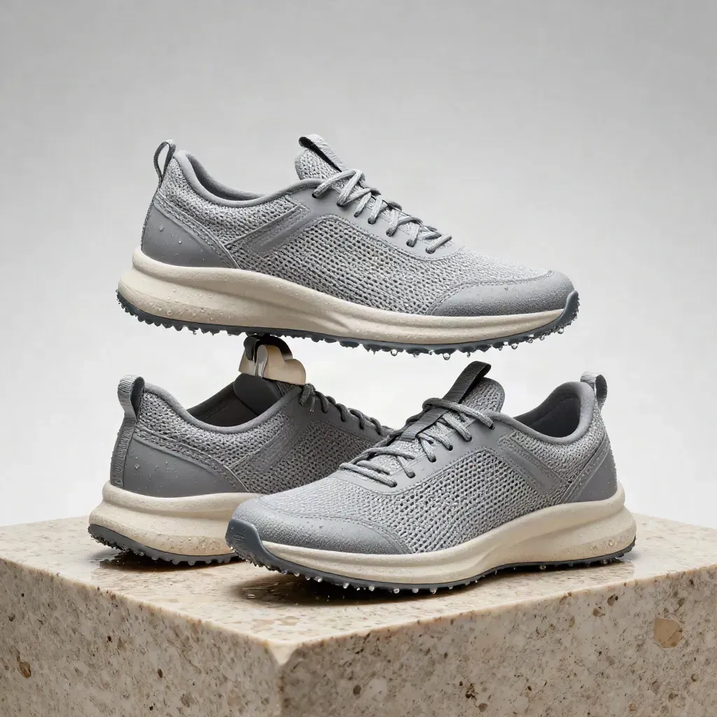 Tre scarpe da running su gradino di pietra bagnato, con alzascarpe in metallo e luce radente.