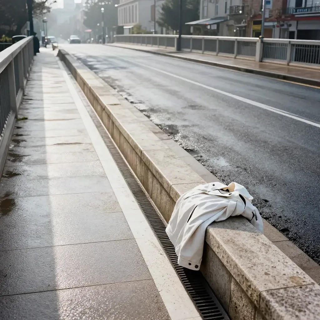 Route urbana bagnata su un ponte in pietra con giacca bianca piegata e luce radente.
