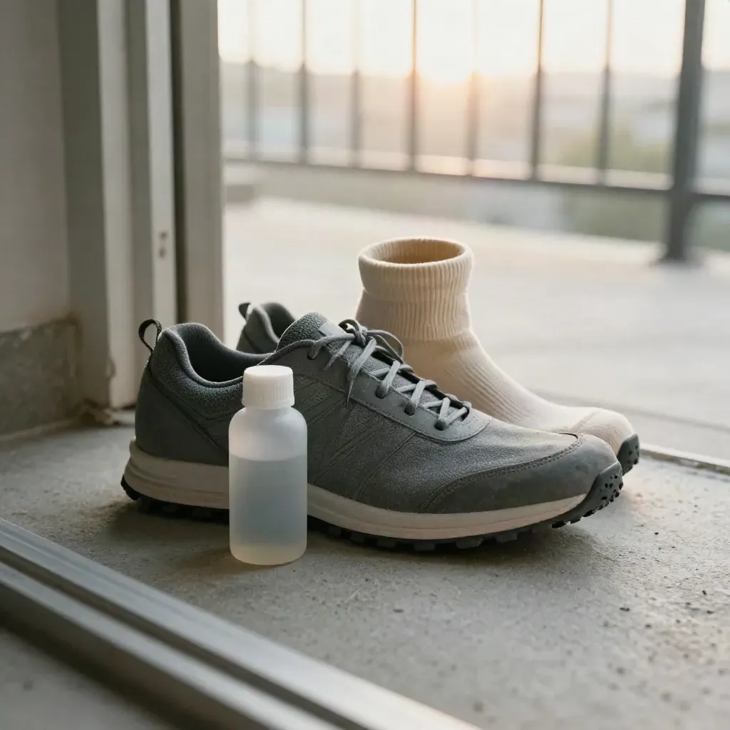 Scarpa, calza, borraccia e fascia elastica su cemento vicino a una porta sul balcone all’alba.