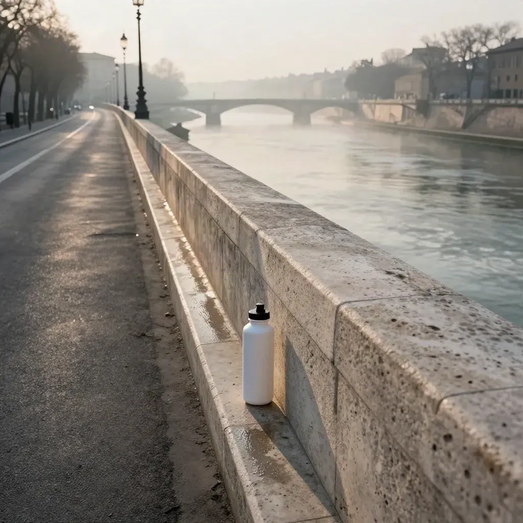 Riva del Tevere all’alba con ringhiera chiara e borraccia bianca sul bordo della strada.