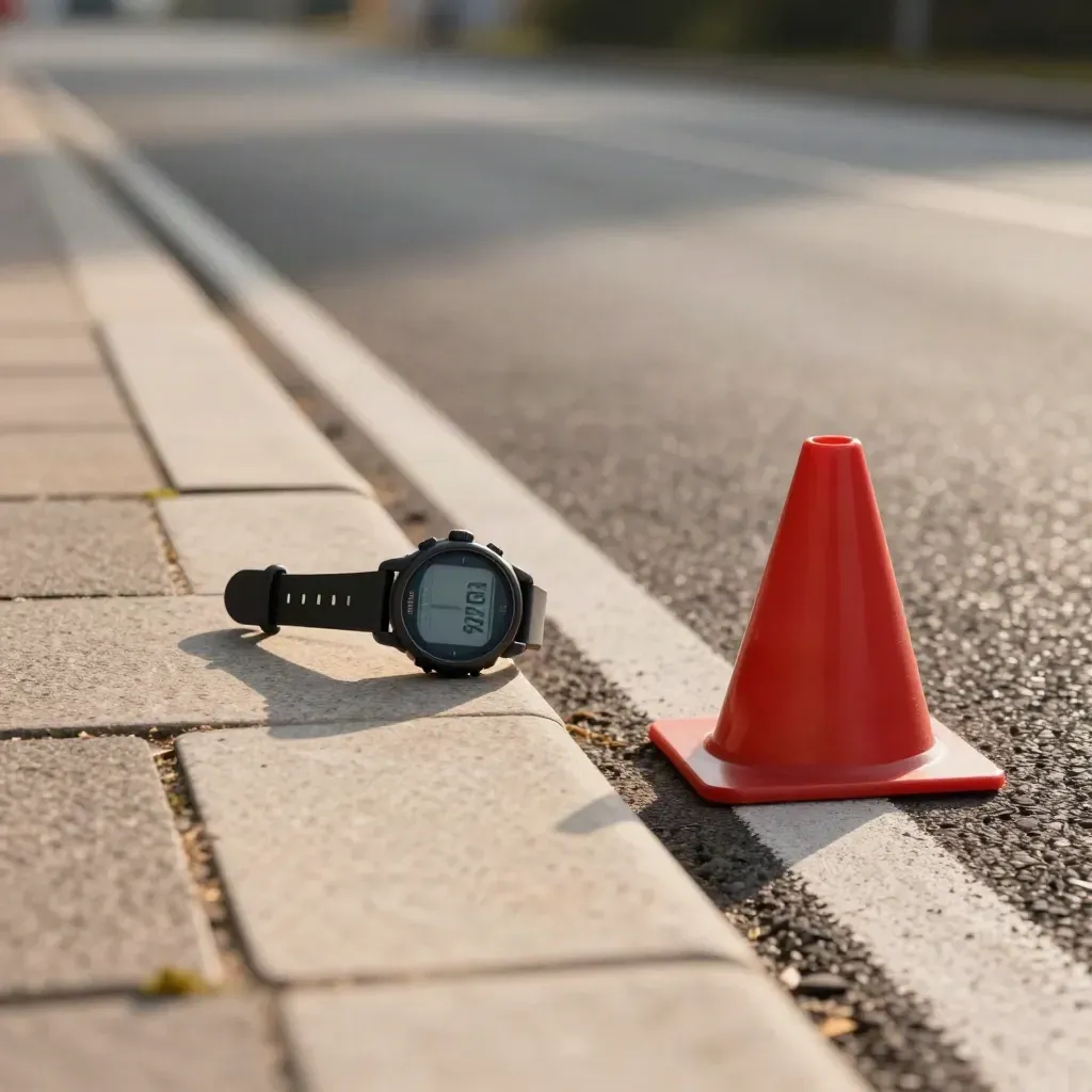Orologio da corsa, cono rosso e marciapiede in pietra accanto alla corsia