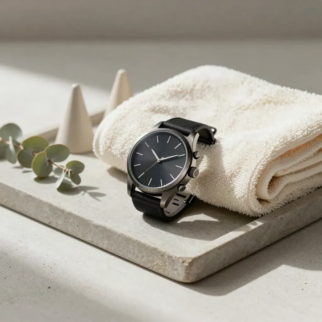 Orologio da corsa su vassoio in pietra con asciugamano, coni e rametto di eucalipto.