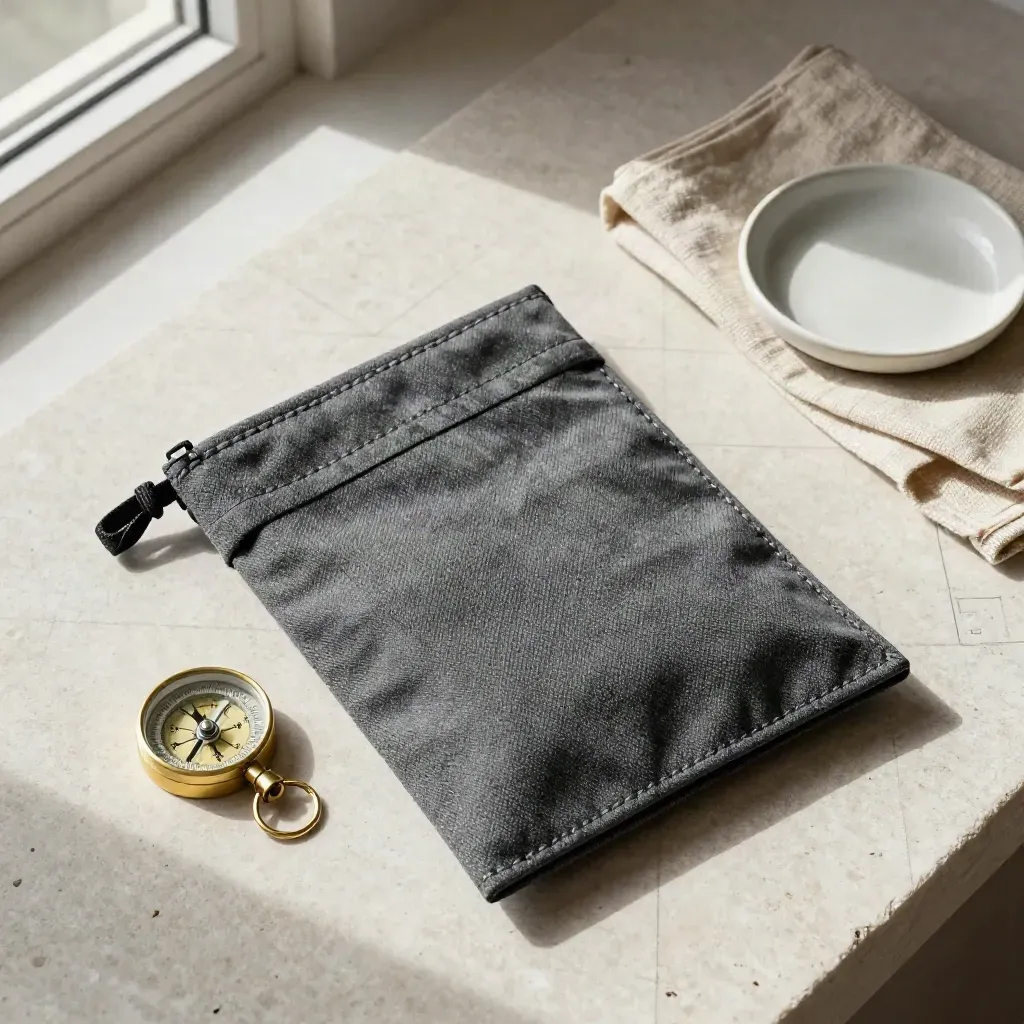 Pouch guida percorsi, bussola in ottone, lino piegato e piattino ceramico su pietra chiara.